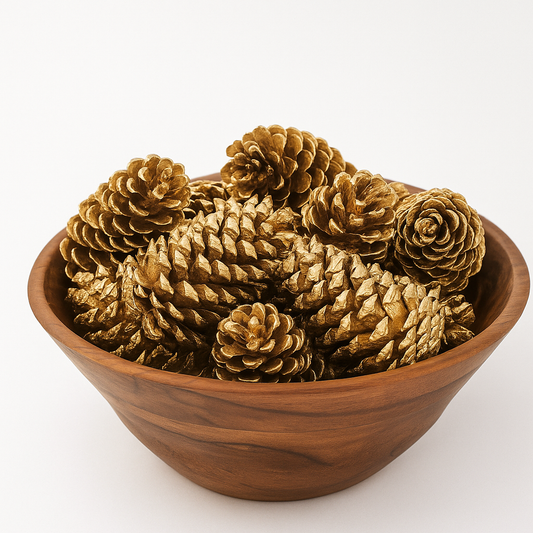 Metallic Gold Loblolly Pinecones – Set of 15 displayed in a wooden bowl.