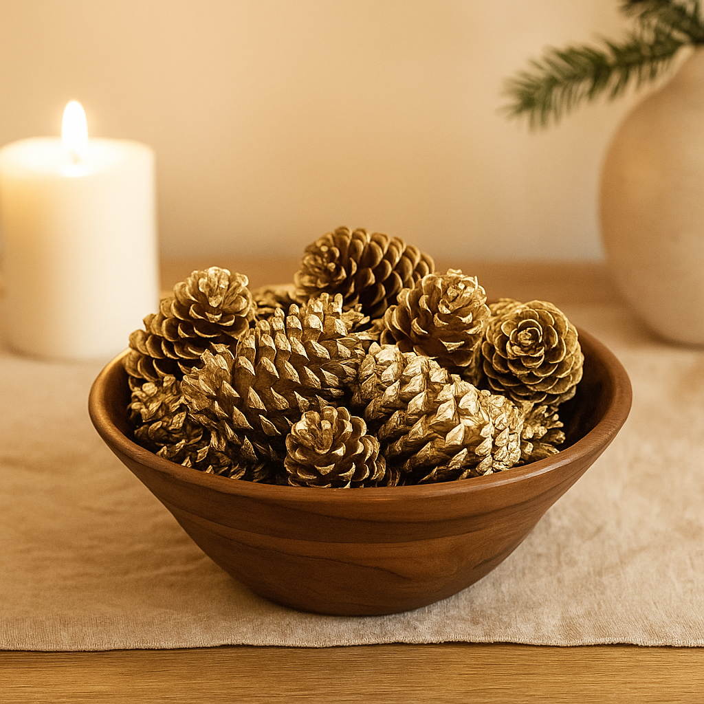 Metallic Gold Loblolly Pinecones – Set of 15 in a wooden bowl with a candle in the background for natural elegance.