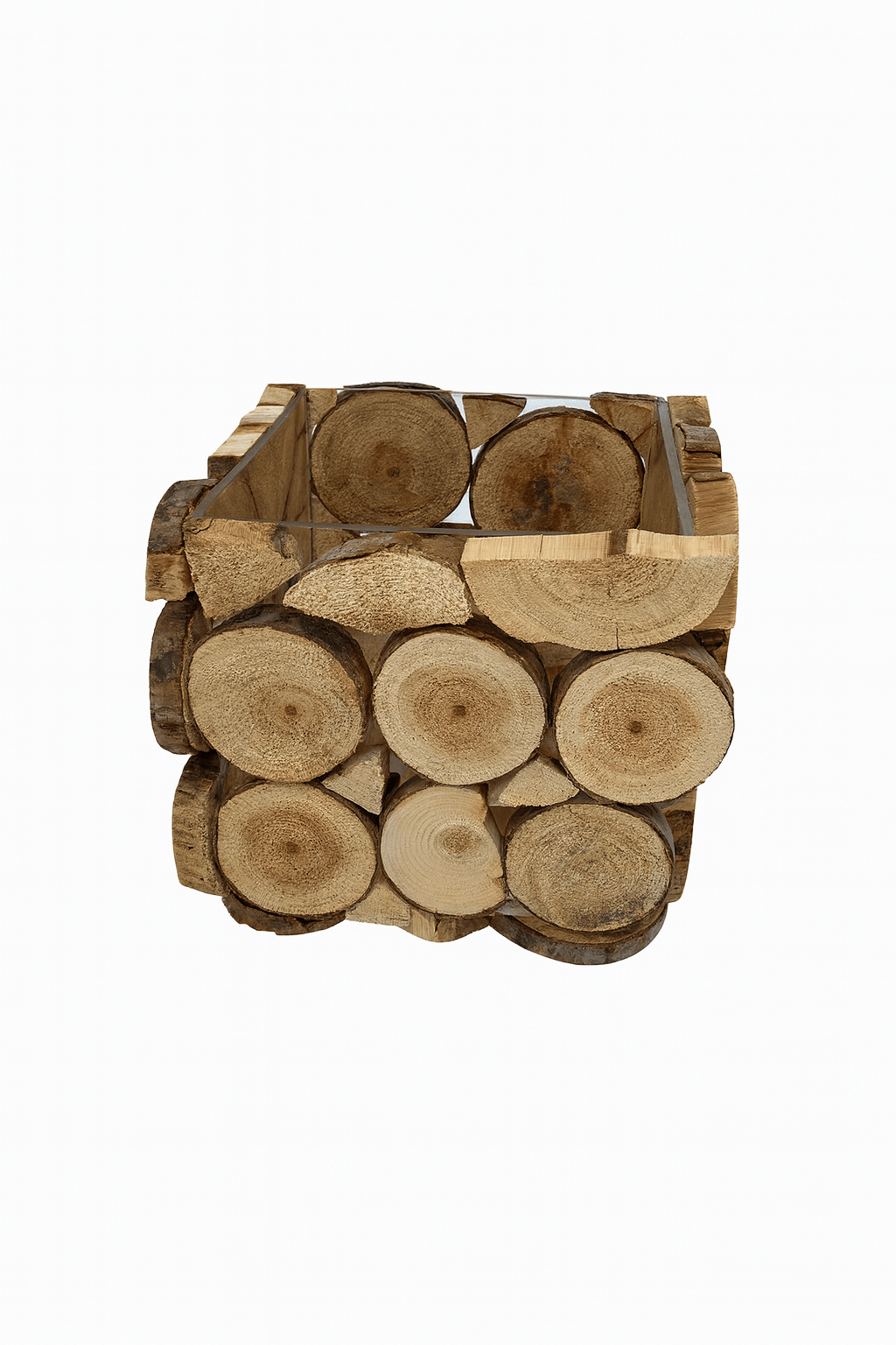 Rustic Wooden Disc Flower Vase made of natural wood discs, perfect for floral arrangements and rustic home decor.