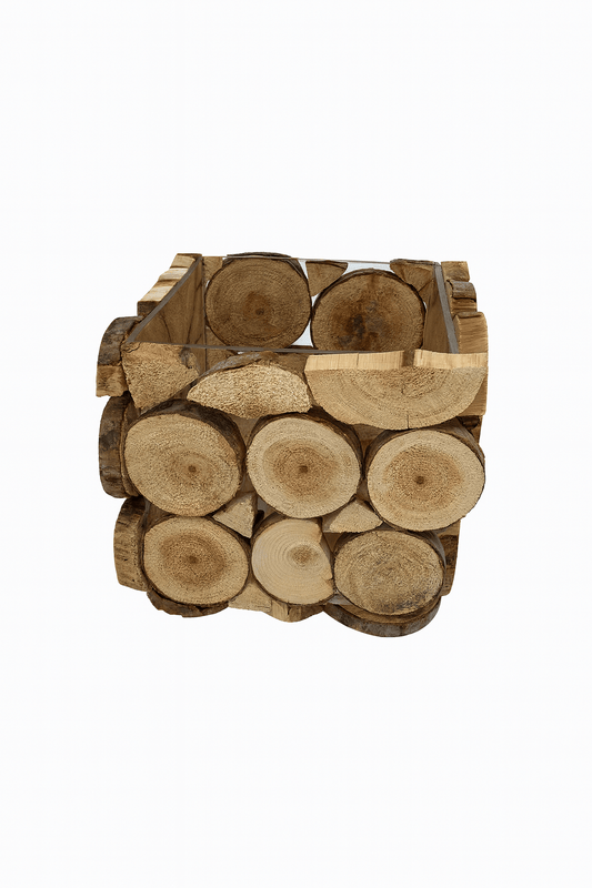 Rustic Wooden Disc Flower Vase made of natural wood discs, perfect for floral arrangements and rustic home decor.
