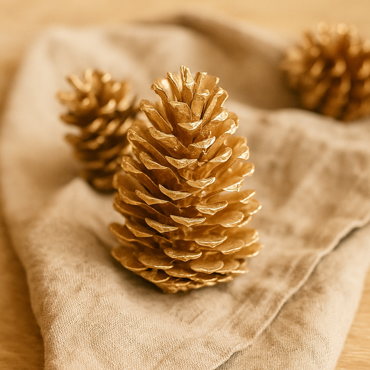 Metallic Gold Loblolly Pinecones – Set of 15 displayed on a soft linen cloth, showcasing their elegant shimmer.