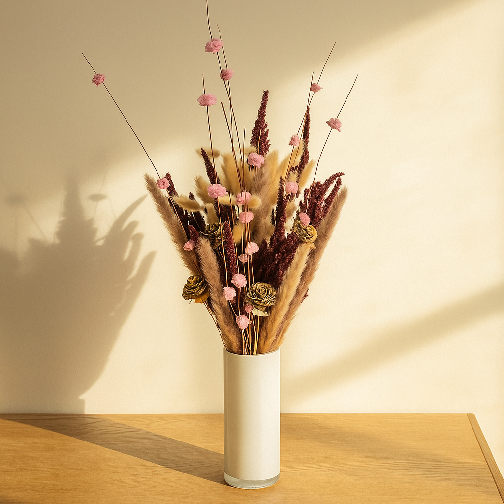 Blushing Harvest Dried Floral Arrangement featuring soft blush pinks and earthy tones in a sleek vase.