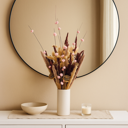 Blushing Harvest Dried Floral Arrangement in a modern vase with a round mirror backdrop and soft decor.