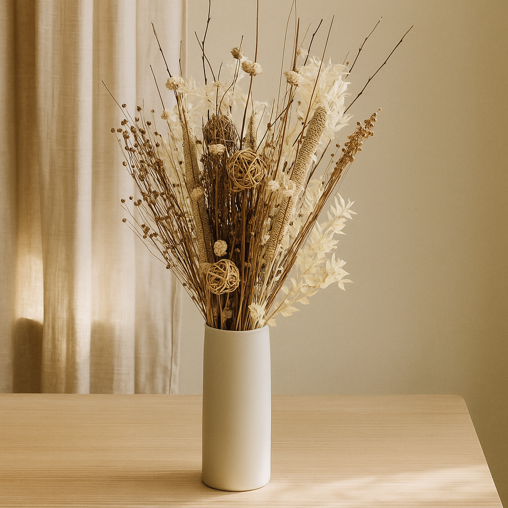 Woven Whisper Dried Floral Arrangement in a modern vase with soft ivory, wheat, and warm beige dried flowers.