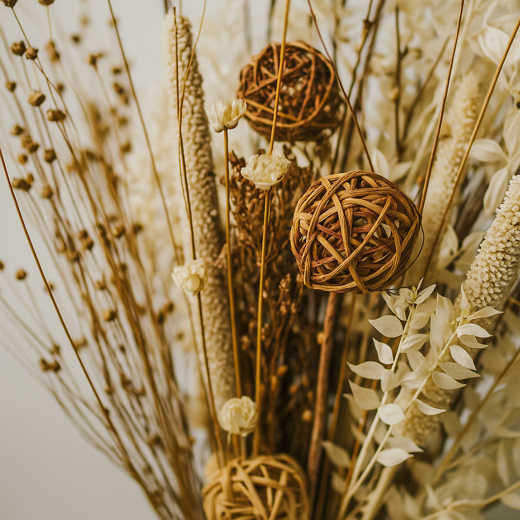 Woven Whisper Dried Floral Arrangement featuring natural elements, soft colors, and textured details.