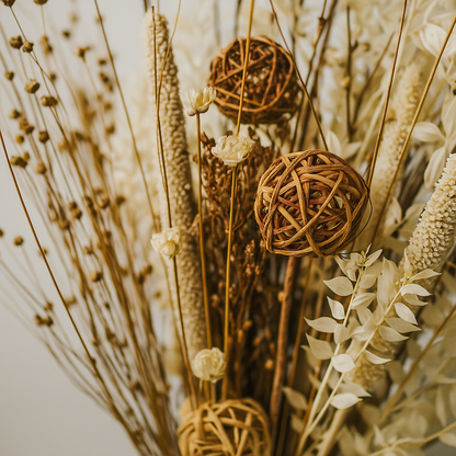 Woven Whisper Dried Floral Arrangement featuring natural elements, soft colors, and textured details.