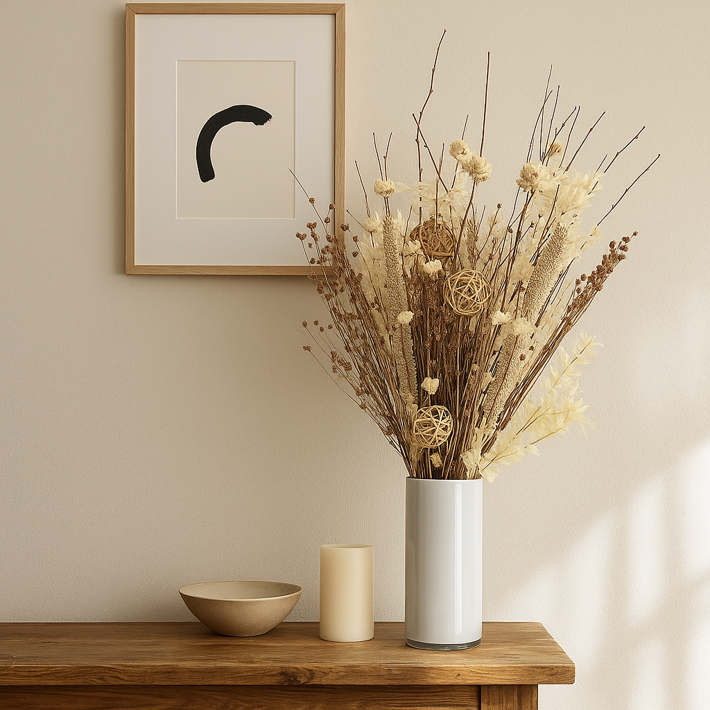 Woven Whisper Dried Floral Arrangement in a modern vase with wall art and candle on a wooden table.