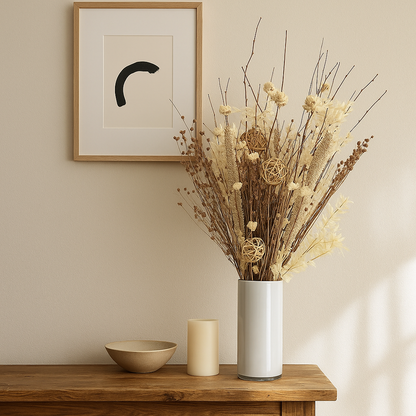 Woven Whisper Dried Floral Arrangement in a modern vase with wall art and candle on a wooden table.