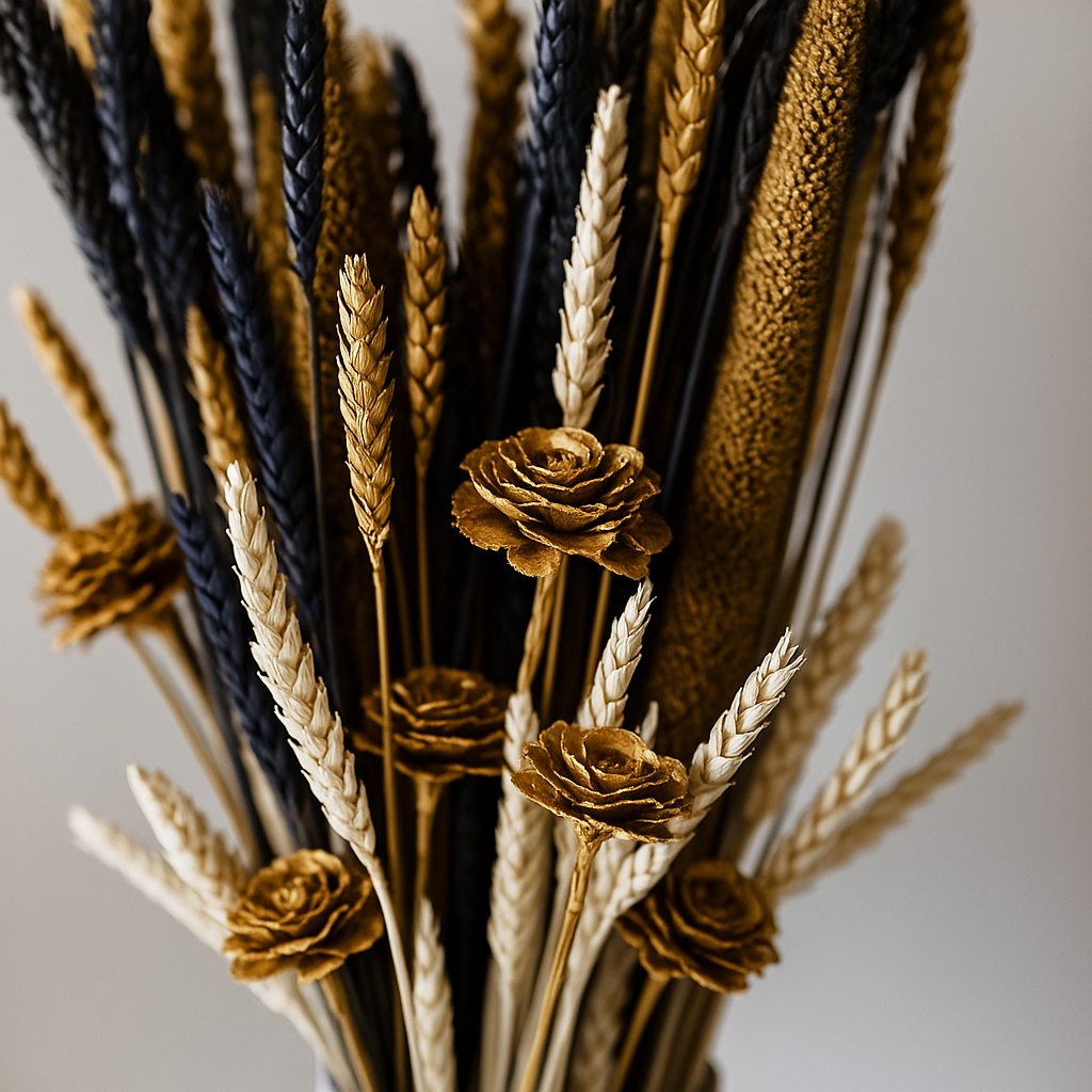 Lunar Luxe Dried Floral Arrangement featuring golden wheat, ivory flowers, and deep midnight hues in a modern elegant design.