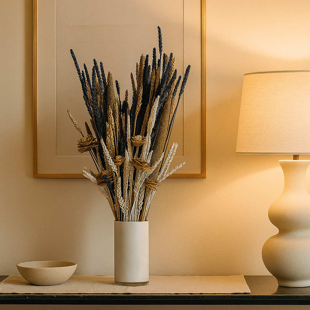 Lunar Luxe Dried Floral Arrangement in a modern vase, featuring golden wheat and deep midnight hues on a stylish table.