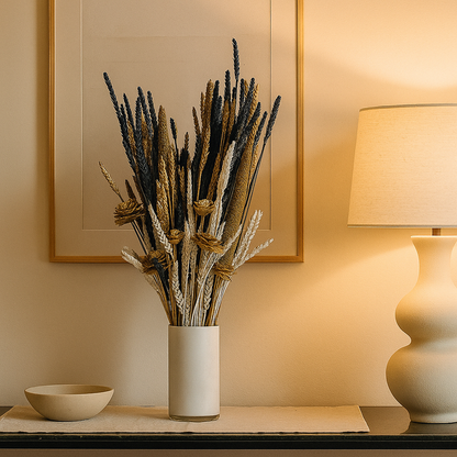 Lunar Luxe Dried Floral Arrangement in a modern vase, featuring golden wheat and deep midnight hues on a stylish table.