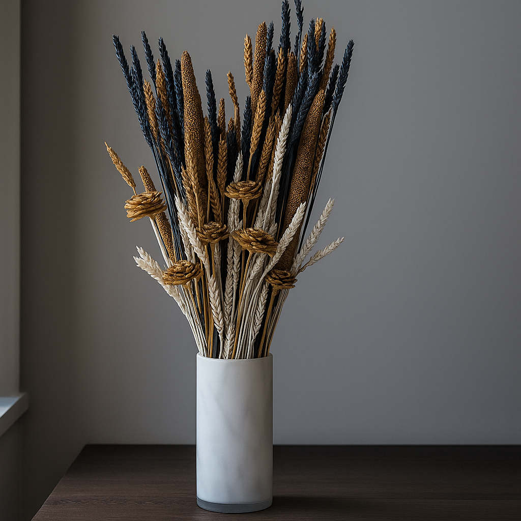 Lunar Luxe Dried Floral Arrangement in a marble vase with golden wheat, ivory, and deep midnight hues.