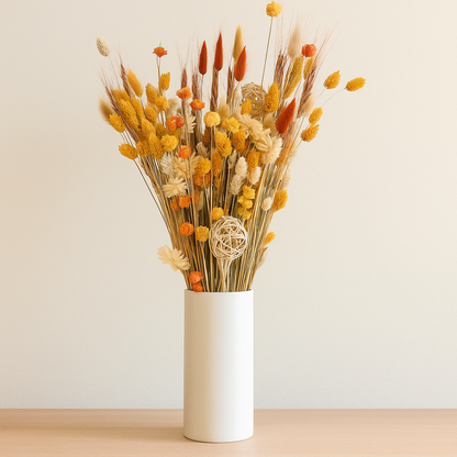 Sunset Autumn Dried Floral Arrangement in a white vase displaying warm autumn colors and dried flowers.