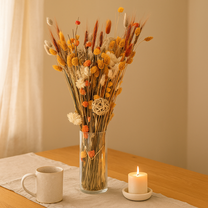 Sunset Autumn Dried Floral Arrangement in a glass vase with a candle and mug on a wooden table.