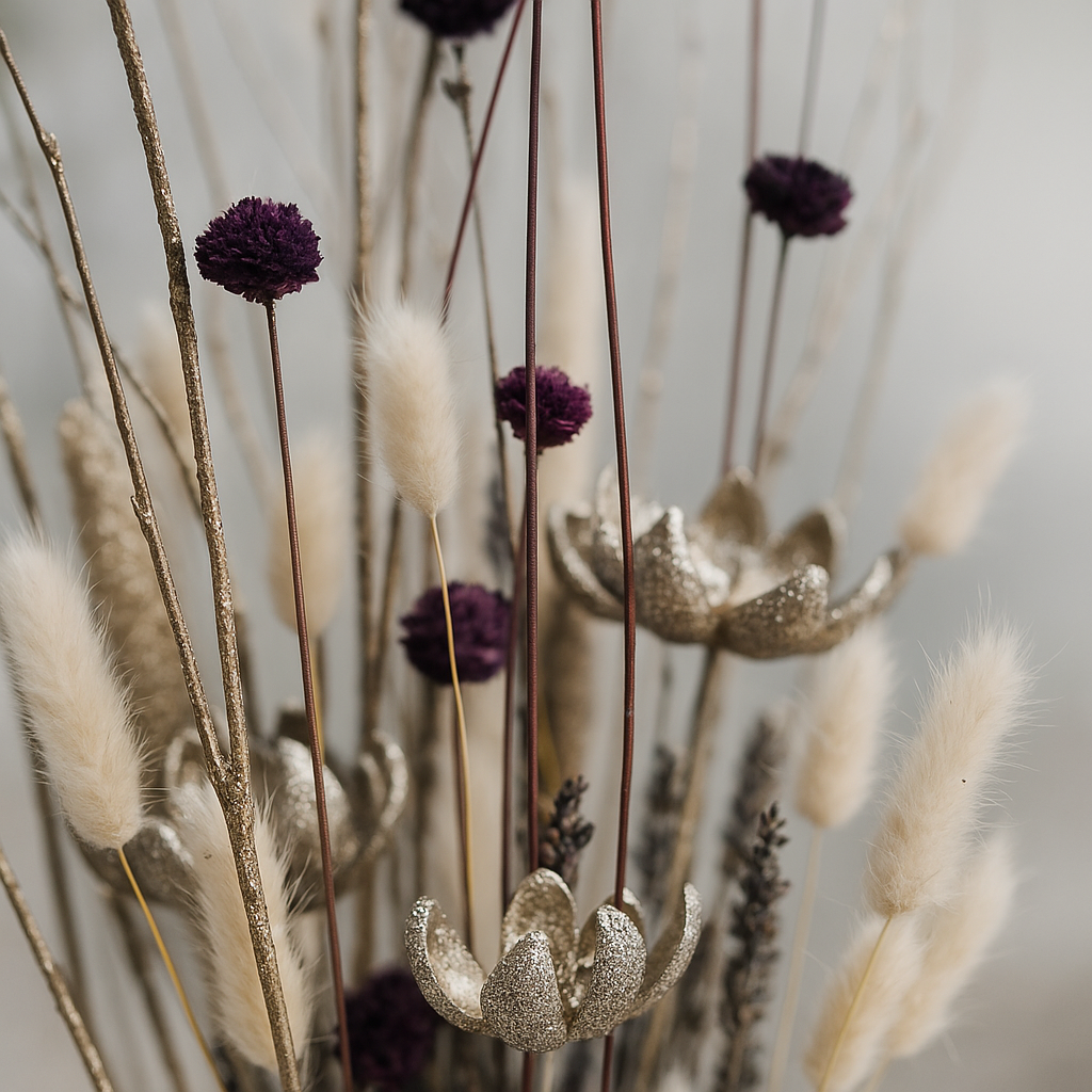 Close-up of the Winter Plum Dried Floral Arrangement showing deep plum blooms, golden glittered seed pods, and soft cream grasses with natural texture and depth