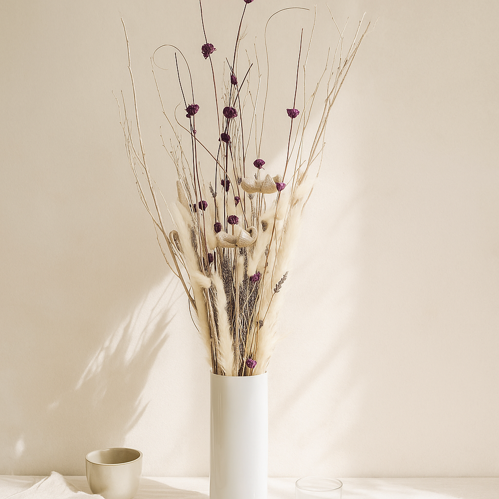 Winter Plum Dried Floral Arrangement in a tall white vase with cream and plum dried flowers, styled on a light surface in soft natural sunlight with gentle shadows.